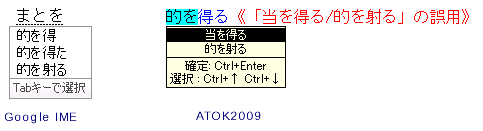 Google 日本語入力と ATOK 2009 で「的を射る」の扱いの違い