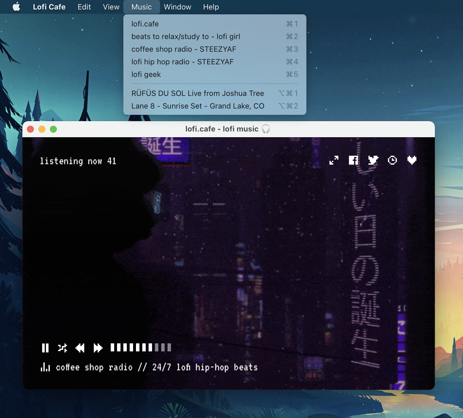 screenshot of the Lofi Cafe app playing lofi.cafe