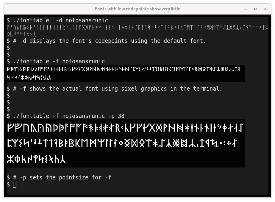 Image of running fonttable to view a font with few glyphs: noto sans runic.