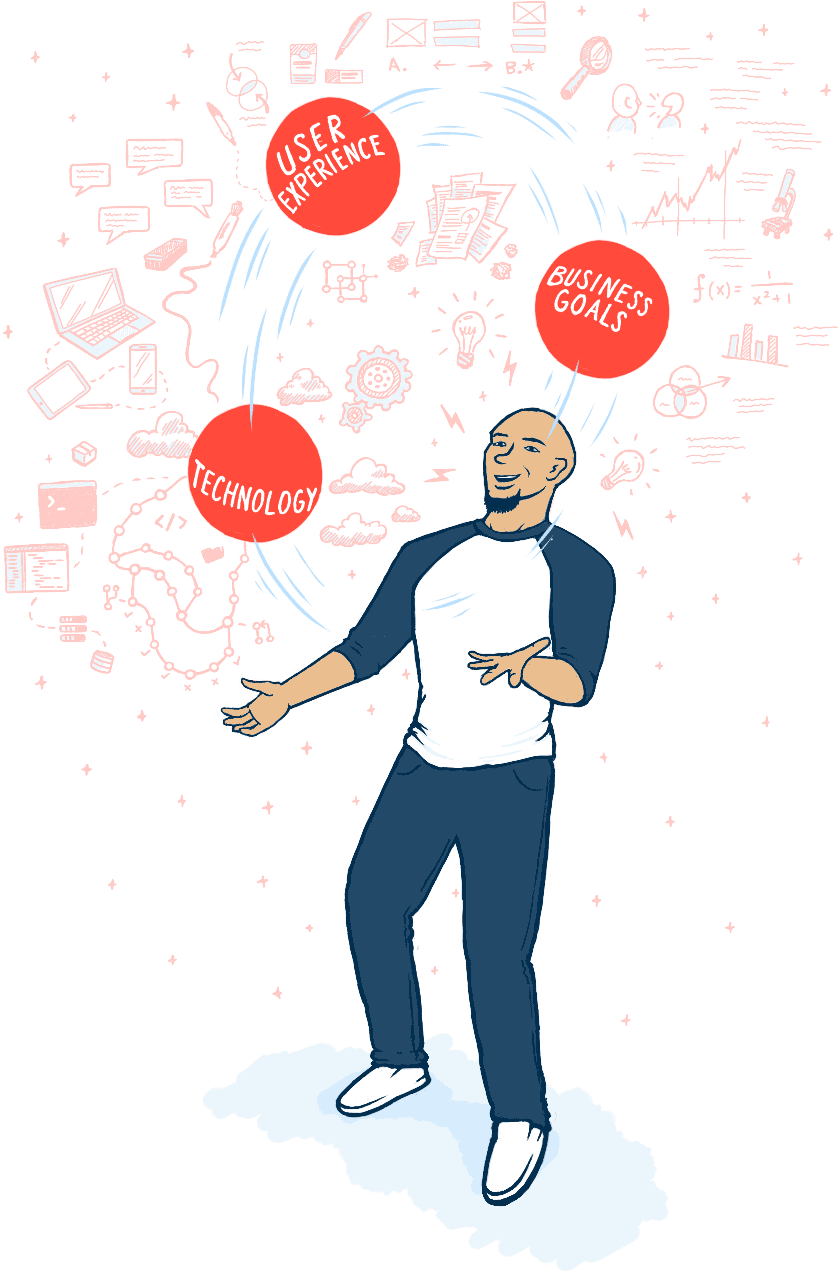 Cartoon illustration of Joel juggling balls that represent user experience, business goals, and technology