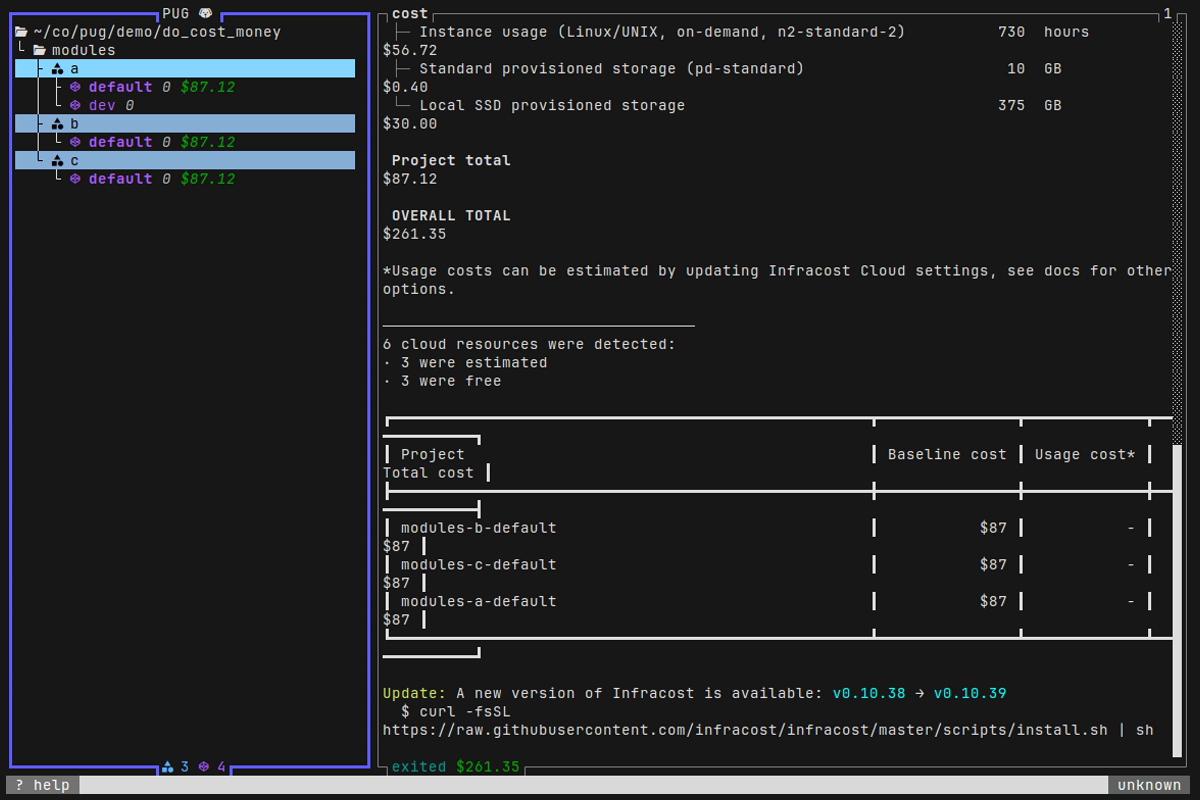 Worksapces with costs screenshot