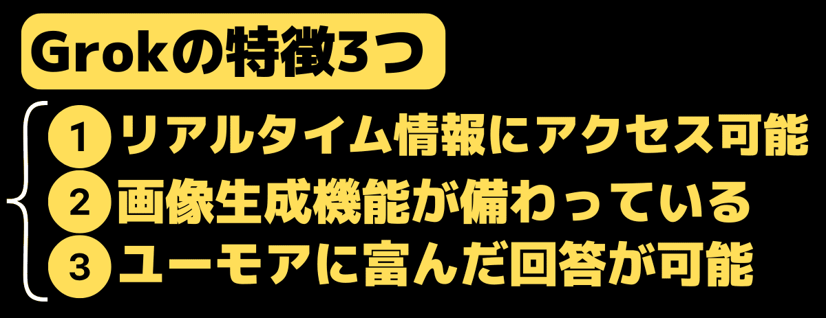 Grokの特徴3つ(リアルタイム情報にアクセスできる、画像生成機能が備わっている、ユーモアを含んだ回答ができる)