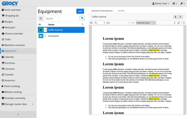 Grocy equipment overview