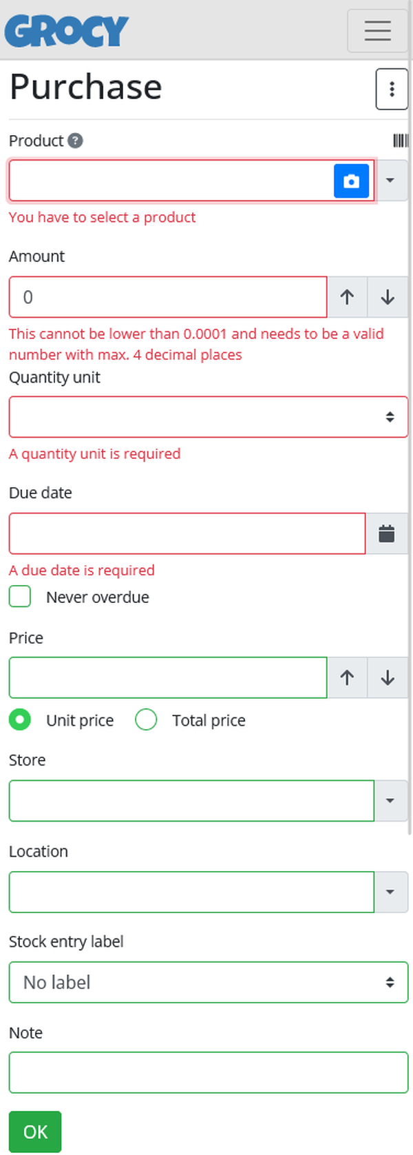 Grocy purchase tracking form