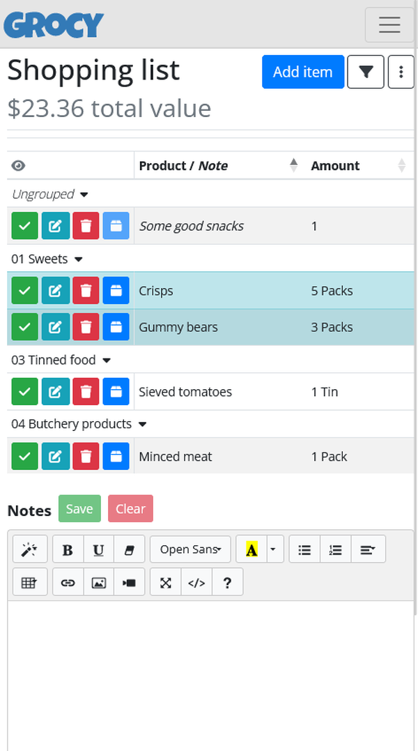 Grocy shopping list