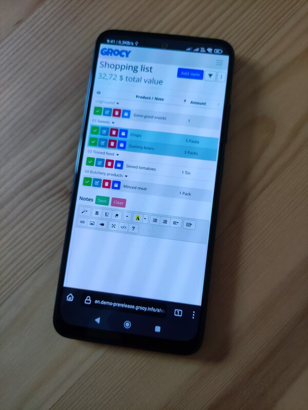 Grocy shopping list on a smartphone