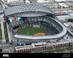 an aerial view of a baseball stadium in the city