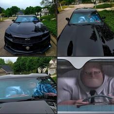 four different shots of a man driving a car