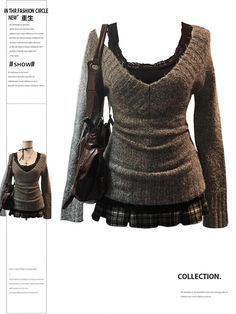 Women Two Piece Suit Vintage Grey Long Sleeve T-shirt with A-Line Mini Pleated Plaid Skirt Vintage Early Autumn, Knitted Tops, Swaggy Outfits, Moda Vintage, 가을 패션, Really Cute Outfits, Y2k Grunge, 2000s Fashion, Fashion Vintage