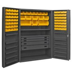 an open storage cabinet with yellow bins on the top and bottom shelves in grey