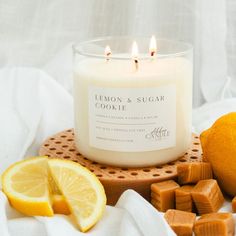 Lemon and Sugar Cookie 3-Wick Soy Candle - Abboo Candle Co Lemon Candles, Lemon Caramel, Lemon Sugar Cookie, Gooey Caramel, Lemon Sugar Cookies, Lemon Candle, Tart Baking, Wick Candles, Baked Cookies