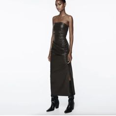 Pleated Details Sleeveless, Straight Neck, Midi Dress 44in Long, Taken From Size M Side Zip Closure Polyurethane/Polyester Imported Hand Wash Leather Midi Dress, Zara Black, Last Chance, Zara Dresses, Side Zip, Colorful Dresses, Midi Dress, Hand Wash, Faux Leather