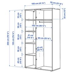 an image of a closet with measurements for the door and shelves in front of it