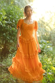 Orange Dress With Sleeves, Orange Wedding Dress, Orange Dress Outfit, Scullery Maid, Fairytale Outfits, Descendants Outfits, Raya Dress, Bright Dresses, Orange Lace Dress