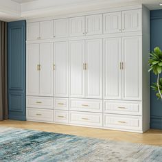 a room with blue walls, white cabinets and a large rug on the floor in front of it