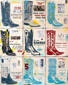 an old poster with many different types of cowboy boots