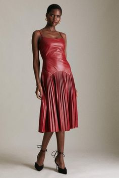 Leather Pleat And Stud Detail Midi Dress Dark Luxury, Leather Midi Dress, Red Midi Dress, Style Skirt, Leather Dresses, Karen Millen, Leather Dress, After Dark, Fashion Face