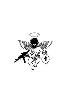 Angle With Ak47 Tattoo, Thug Angel Tattoo, Tattoo Designs Money, Mens Tattoo Designs Drawing, Angel With Ak Tattoo, Tattoo Ideas Money, Money Tattoo Designs, Gangsta Art, Tattoo Homme