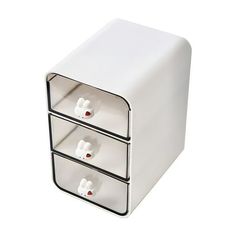 two white drawers with red and black handles on each drawer, one is open to show the contents