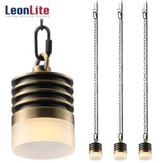 three different types of light fixtures with chains hanging from the ceiling and two lights on each side