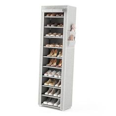 a tall white shoe rack with several pairs of shoes on top and bottom shelves in the middle