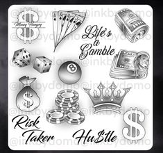 a rubber stamp that says, life's a gambling game with various items on it