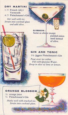 an advertisement for gin and tonic cocktails from the 1950's, with instructions on how to make it