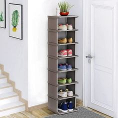 a shoe rack in the corner of a room