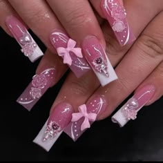 Luxe Pink Press On Nails With 3d Accents. Nails French Square, Nails With Pearl, Really Cute Nails, Nails French, Nail Forms, Pink Acrylics, Nails Long, Bow Design, Magic Wand