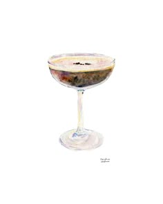 a drawing of a wine glass filled with liquid and fruit on the rim, against a white background