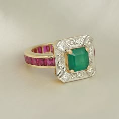 Luxury Pearl Gemstone Engagement Ring, Unique Emerald Ring, Emerald And Ruby Ring, Engagement Rings Emerald Green, Emeral Ring, Emerald Ring Design, Ruby Engagement Rings, Emerald Set, India Inspired