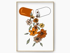 an orange and white poster with flowers on it, in front of a white wall