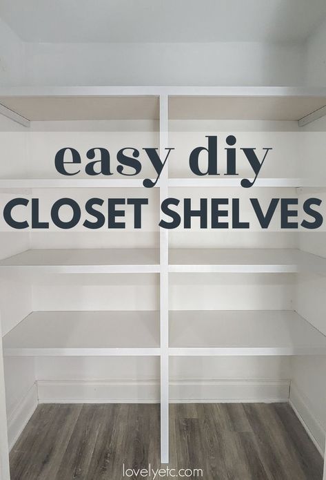 These DIY closet shelves are easy to build, look beautiful, and add tons of storage. This step by step tutorial will show you how to build diy closet shelves that perfectly fit your closet. These are great for pantry shelves, linen closets, toy storage and more. Wooden Shelves In Closet, Diy Shelving In Closet, Long Closet Shelving Ideas, Linen Closet To Pantry, How To Build Closet Shelves Diy, Build Closet Shelves Diy, Storage Closet With Shelves, Diy Shelf In Closet, Small Closet Shelves Ideas