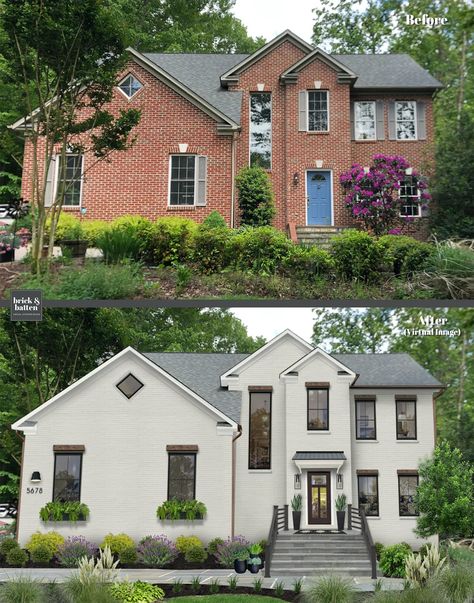 No question, Seapearl by Benjamin Moore is one of our top off-white paint colors for home exteriors. It's a softer and muted off-white, almost gray that looks beautiful on this brick home. Click through for our other favorite off-white paint colors that work well on a variety of home exteriors. #virtualdesign #exteriordesign #whitebrick #paintedbrick #offwhite Sherwin Williams Off White, Designer White Paint, Off White Exterior Paint Colors, Painted Brick House Exterior, Benjamin Moore Exterior Paint, Brick Paint Colors, White Exterior Paint Colors, Off White Paint Colors, Painted Brick Exteriors