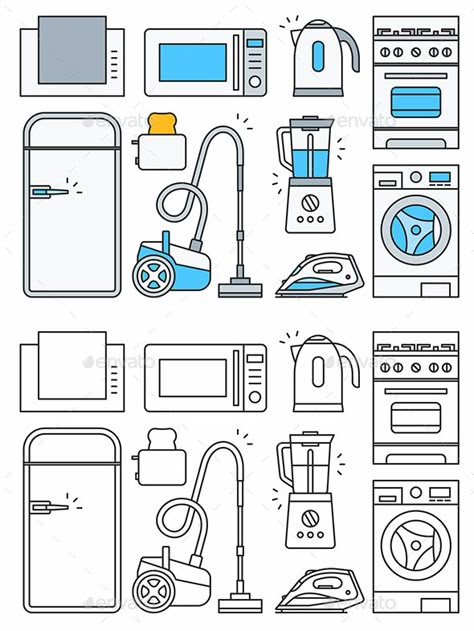 Home Appliances Illustration, Konversi Satuan, Tabel Periodik, Line Drawing Illustration, Felt Doll House, Line Illustrations, Magazine Layout Inspiration, Felt Animal Patterns, Planner Icons