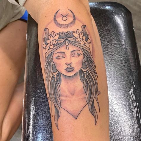 Spiritual Taurus Tattoo, Cute Taurus Tattoo For Women, Taurus Lady Tattoo, Taurus Tarot Card Tattoo, Taurus Woman Tattoo, Taurus Goddess Tattoo, Taurus Goddess, Saints Tattoo, Saint Tattoo