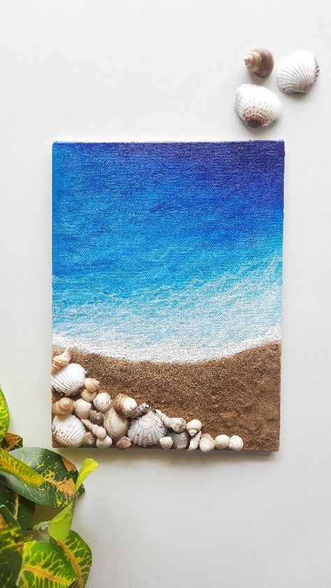 Seashell On Canvas Art, Seashell Ideas Diy, Diy Beach Wall Art, Beach Painting Ideas, Beachy Paintings, Seashell Art Diy, Beachy Art, Beach Paintings, Beach Art Painting