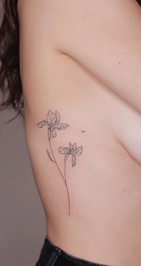 Iris Flower Tattoo Shoulder, One Line Iris Tattoo, Minimal Iris Tattoo, Narcissus And Iris Flower Tattoo, Small Iris Tattoos For Women, Iris Outline Tattoo, Flower Tattoos Iris, Irises Flowers Tattoo, Blue Iris Flower Tattoo