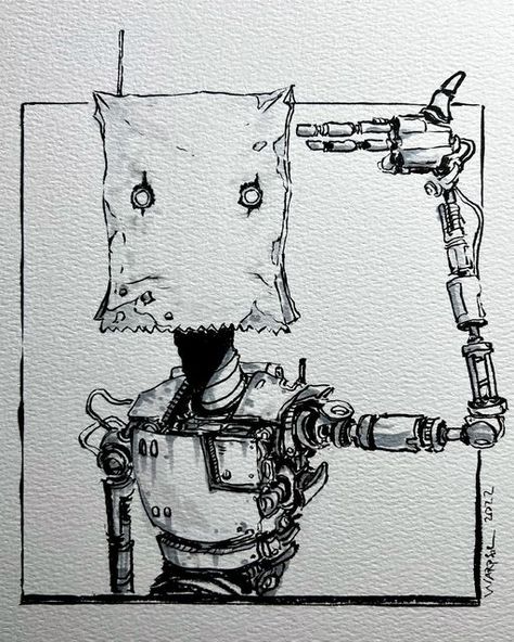 Easy Drawing Anatomy, Ink Art Illustration, Dystopian Robot Concept Art, Drawing Ideas Cool Inspiration, Cool Artwork Ideas, Cute Ink Drawings, Camera Head Character, Robot Art Reference, Ink Illustrations Easy