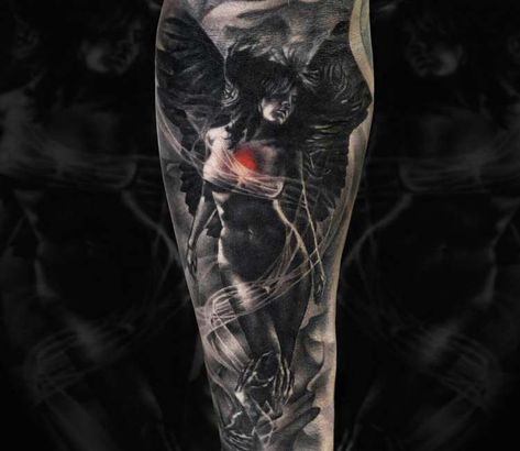 Black and red realistic tattoo style of Angel motive done by artist Vid Blanco Tattoos | Post 22580 | World Tattoo Gallery - Best place to Tattoo Arts Tattoos Calf, Feather Tattoo For Men, Valkyrie Tattoo, Mayan Tattoos, Wolf Tattoo Sleeve, Torso Tattoos, Girl Arm Tattoos, Wicked Tattoos, Aztec Tattoo