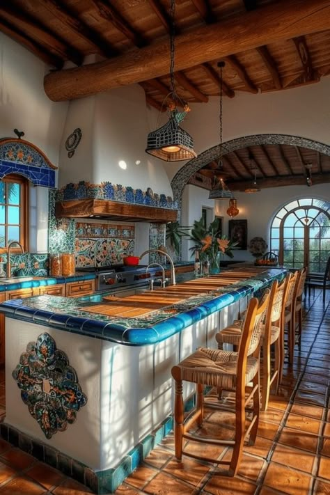 Mexican Hacienda Kitchen in white, blue and teal Mexican Hacienda Kitchen, Hacienda Style Homes Mexican, Hacienda Style Kitchen, Mexican Style Kitchens, Hacienda Kitchen, Hacienda Decor, Hacienda Homes, Spanish Home Decor, Hacienda Style Homes