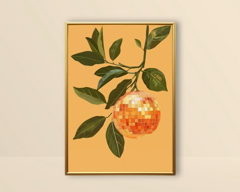 Add a touch of preppy disco ball art and orange aesthetic art to your decor with this orange disco ball printable wall art. This digital download of an orange mirror ball is a perfect piece as bar cart decor, retro orange disco ball print, preppy wall art, cute funky home decor, trendy mirror ball poster, dorm wall decor, and aesthetic retro wall art. Inspired by the timeless beauty of retro disco ball posters with a flare of aesthetic fruit art, this disco ball art print shows a disco ball orange over a pastel trendy orange background. With its retro-inspired charm and trendy orange aesthetic, this orange mirror ball print is a great art piece or a memorable gift for preppy wall art lovers, disco ball posters fans, trendy wall art admirers, mirror ball print enthusiasts, aesthetic orange Aesthetic Wall Art Painting, Disco Fruit Painting, Disco Fruit Art, Two Posters On Wall, Orange Prints Aesthetic, Funky Prints Art, Disco Ball Fruit, Funky Art Aesthetic, Art In Kitchen