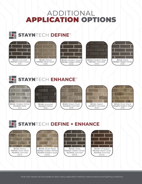 Brick Stain Colors | Stayntech® Color Chart | BrickImaging Brick Stain Colors Fireplace, Stain For Brick, How To Change Brick Color Exterior, Brick House Staining, Brick Stains Exterior, Stained Brick Patio, Brick Colors Palette, Dark Brick Stain Exterior, House Brick Staining