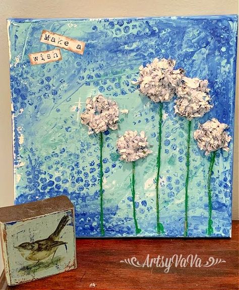 I love mixed media art projects. This one is fun and easy enough for any age. And, while you're at it, you're recycling paper from your shredder!I started by adding 3 colors of Dixie Belle Paint to a 12" x 12" canvas. I used the colors Mermaid Tail, Sea Glass, & Haint Blue. Acrylic paint would work great for this project too. I used an old hotel key card to spread the paint around on the canvas. Don't overwork it or you'll just mix the colors together & get one color. While the can… Bubble Wrap Art, One Is Fun, Recycling Paper, Hotel Key Cards, Haint Blue, Altered Canvas, Mixed Media Art Projects, Recycled Art Projects, Mixed Media Art Canvas