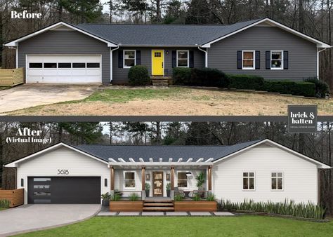 15 Modern Front Porch Ideas - brick&batten Front Porch With Awning, Ranch Style Homes Exterior Before And After Old Houses, Carport Front Door Entrance, Front Porch Overhang Ideas Ranch, Ranch Front Porch Addition, 70s Ranch Exterior Remodel Before And After, Front Porch Makeover Before After, Front Awning Ideas Entrance, Awning Ideas Front Door