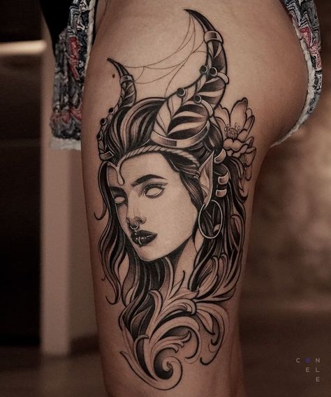 Neo Traditional Taurus Tattoo, Dark Taurus Tattoo, Pretty Taurus Tattoo, Taurus Lady Tattoo, Taurus Goddess Tattoos For Women, Taurus Girl Tattoo, Taurus Woman Tattoo, Taurus Moon Tattoo, Taurus Sign Tattoo