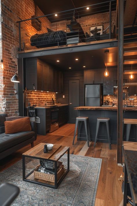 Edge Industrial Style Game Room, Industrial Wood Interior Design, Loft Modern Design, Loft Interior Design Ideas, Industrial Mezzanine, Industrial Style Apartment, Modern Loft Kitchen, Living Room Designs Loft, Industrial Cabin