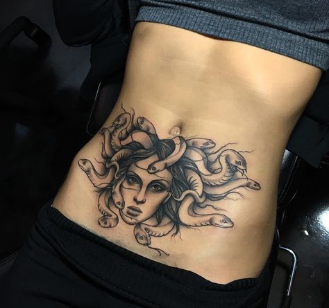 Medusa Belly Tattoo Lower Belly Tattoos, Abdomen Tattoo, Lower Stomach Tattoos, Tummy Tattoo, Stomach Tattoos Women, Medusa Tattoo Design, Bauch Tattoos, Belly Tattoos, Belly Tattoo