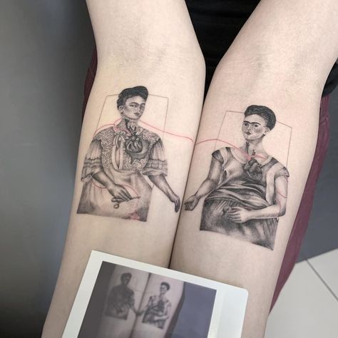 The Two Fridas Tattoo, Frida Kahlo Portrait Tattoo, Two Fridas Tattoo, Mexico City Tattoo Ideas, Frida Kahlo Art Tattoo, Frida Kahlo Tattoo Ideas, Mmm Chezburger, Frida Kahlo Tattoo, Kahlo Tattoo