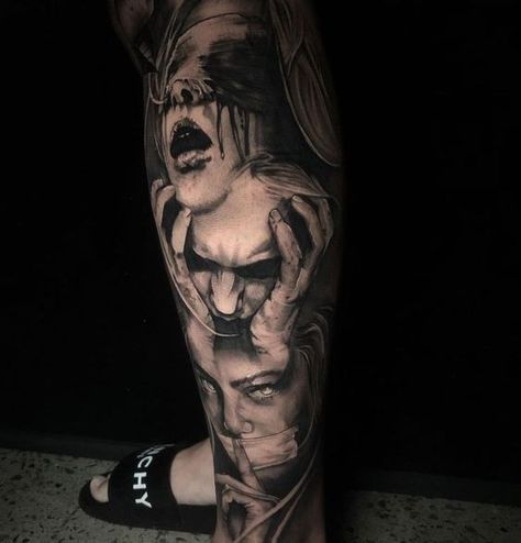 Good And Evil Tattoos, Best Leg Tattoos, See Tattoo, Evil Tattoo, Realistic Tattoo Sleeve, Skull Sleeve Tattoos, Evil Tattoos, Omerta Tattoo, Chicano Tattoos